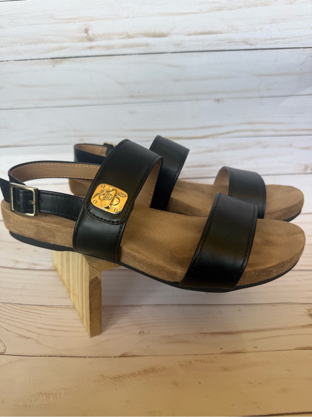 Giani Bernini Black Leather Two-Strap Women's Sandals with Gold Accent